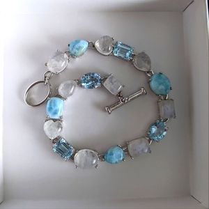 Larimar, Sky Blue Topaz, Heart Moonstone Gemstone Tennis Bracelet S.Silver